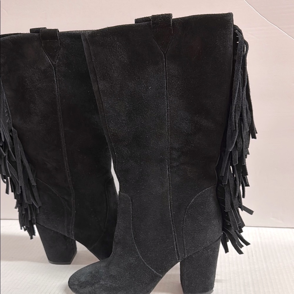 Black Suede Fringe Knee-High Boots - Picture 2 of 7